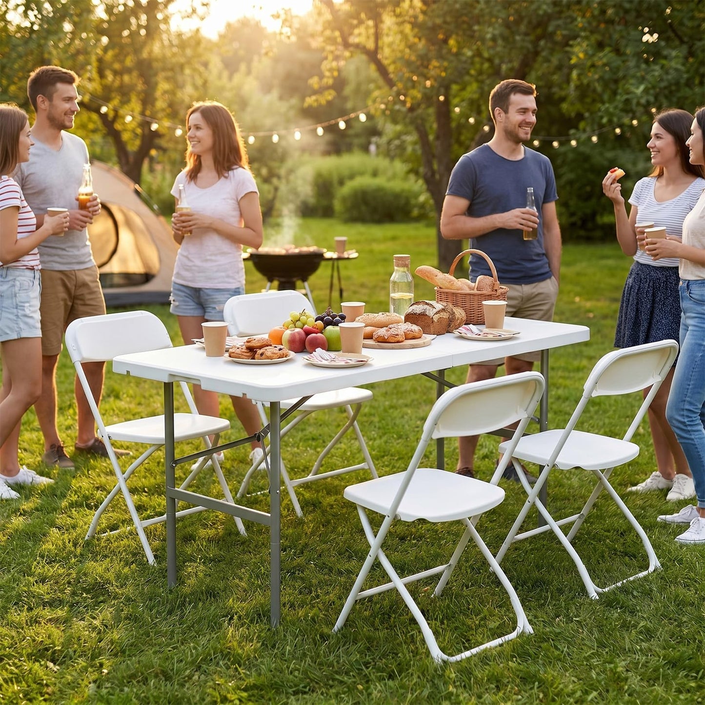Sweetcrispy 121.9cm Folding Picnic Table with Carrying Handle Basic White