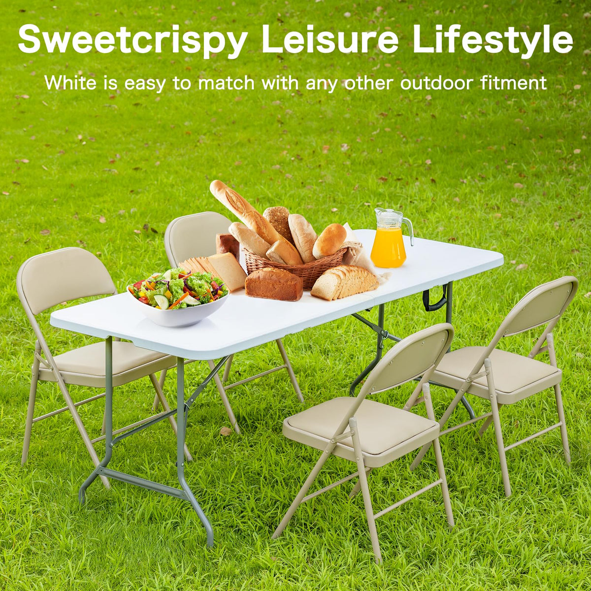 Sweetcrispy 121.9cm Folding Picnic Table with Carrying Handle Basic White